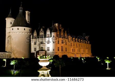 Night illumination of the famous castle and garden Chenonceau. Loire Valley, France.