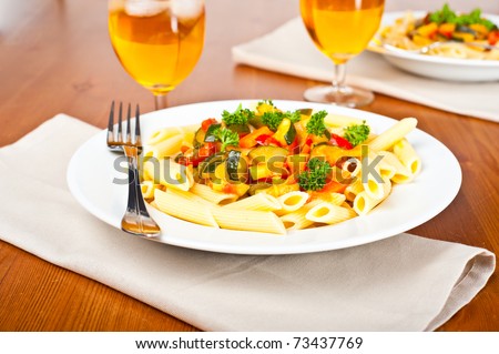 Pasta with a vegetable sauce.