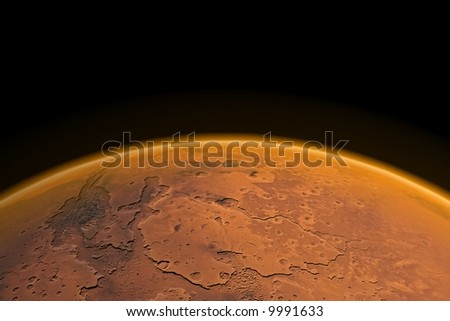 Mars horizon with Mars channels and visible Mars atmosphere. Render.