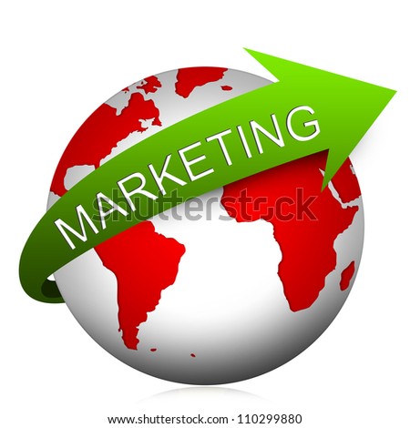 Marketing Idea Concept, Present With The Globe and Green Marketing Arrow  Isolated on White Background
