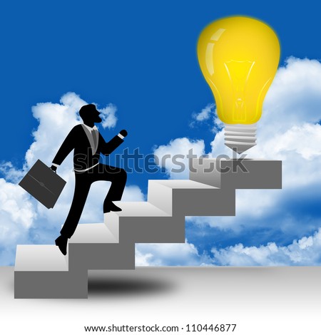 The Businessman Stepping Up a Stairway to The Light Bulb With Blue Sky Background for Business Idea Concept