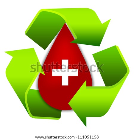 Recycle Sign Around Red Blood Drop With White Cross Sign For Blood Donation Isolate on White Background