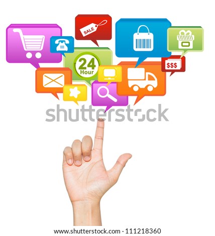 Hand With E-Commerce Icon Above For E-Commerce Concept Isolate on White Background - stock photo