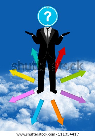 Businessman With Blue Question Mark Traffic Sign Head and Many Way For Decision in Blue Sky Background For Business Solution Concept