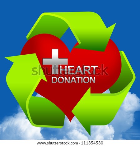 Recycle Sign Around The Red Heart With Silver Cross and Heart Donation Text Inside  in Blue Sky Background For Heart Donation Center Concept