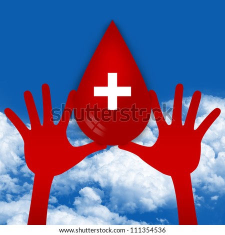 Two Hands Holding Red Blood Drop With Cross Sign Inside in Blue Sky Background, Graphic For Blood Donation Campaign