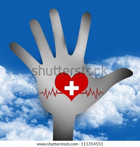 Graphic for Heart Donation Concept, Hand With Red Heart and White Cross Over The Heart Pulse Graph Inside in Blue Sky Background