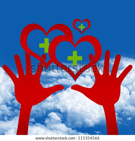 Graphic For Heart Donation Concept, Two Hands Holding Red Heart With Green Cross Inside in Blue Sky Background