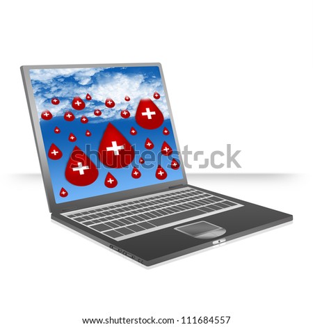 Black Computer Laptop With Many Red Blood Drop and White Cross Sign As Rain Drop in Blue Sky Wallpaper For Blood Donation Concept  Isolate on White Background