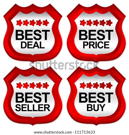 Silver Metallic Plate With Red Metallic Border For Best Deal, Best Price, Best Seller, Best Buy Campaign Isolated on White Background