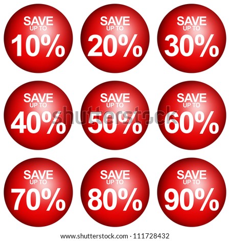 Red Circle Save Up To 10 - 90 Percent OFF Discount Sticker Tag Isolated on White Background