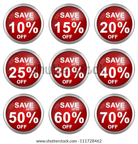 Red Metallic Circle Discount Sticker With Silver Metallic Border For Save 10 - 70 Percent OFF Discount Campaign Isolated on White Background