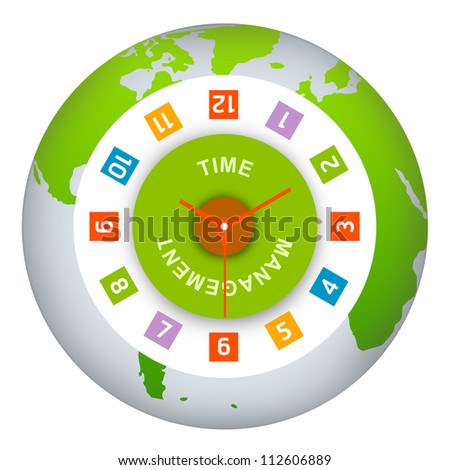 Time Management Concept Present By The Clock and The Word Time Management Inside on The Green Globe Isolated on White Background