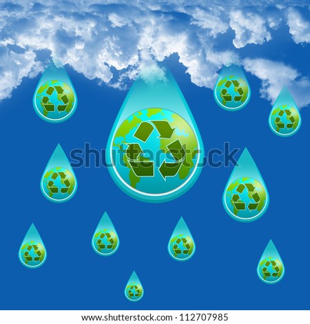 Save Water Concept Present By Rain Drop With The Earth and Green Recycle Sign Inside