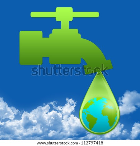 Save Water Concept Present By Green Faucet and Water Drop With The Earth Inside in Blue Sky Background