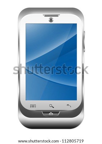 Blank Silver Metallic Mobile Phone With Blue and Curve Line in The Screen Isolated on White Background