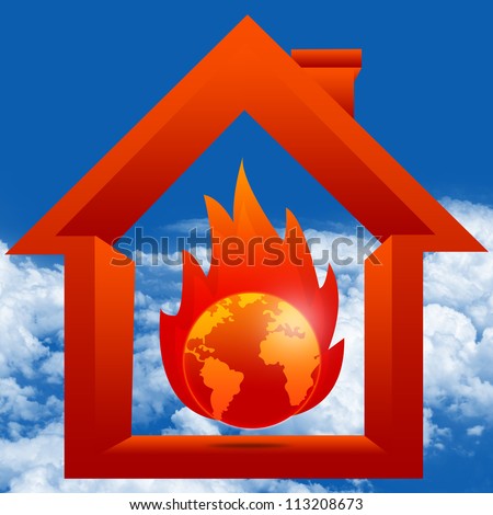 Graphic For Stop Global Warming and Green House Effect Concept Present By The Burned Earth Inside The House in Blue Sky Background