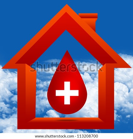 Graphic For Blood Donation Concept Present By Red Blood Drop With White Cross Sign Inside The House in Blue Sky Background