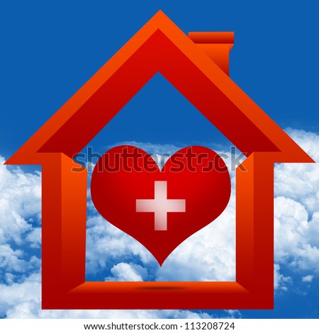 Graphic For Heart Donation Center Concept Present By The Red Heart With Cross Sign Inside The House in Blue Sky Background