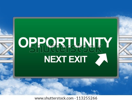 Green Highway Street Sign For Job Seeker Concept Present By Opportunity Next Exit Sign Against A Blue Sky Background