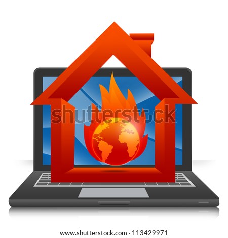 Stop Global Warming and Green House Effect Concept Present By The Burned Earth Inside The House On Computer Notebook Isolated on White Background