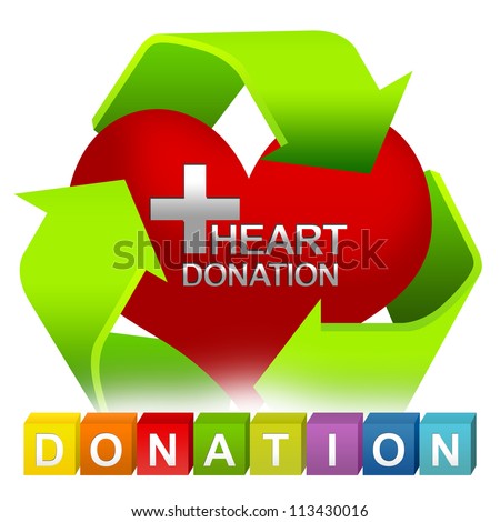 Colorful Donation Cube Box And Green Recycle Sign Around Red Heart With Silver Metallic Cross Sign Inside For Heart Donation Concept Isolated on White Background