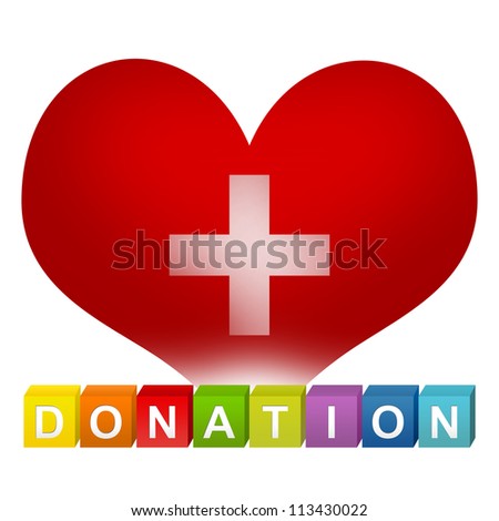 Colorful Donation Cube Box And Red Heart With Silver Metallic Cross Sign Inside For Heart Donation Concept Isolated on White Background