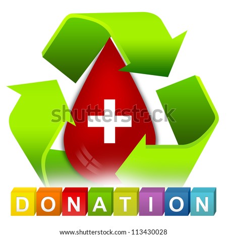 Colorful Donation Cube Box And Green Recycle Sign Around Red Blood Drop With White Cross Sign Inside For Blood Donation Concept Isolated on White Background