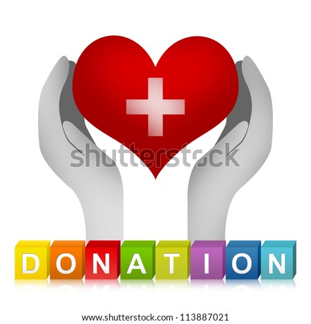 Colorful Donation Cube Box And Heart With Cross Sign Over The Hand For Heart Donation Concept Isolated on White Background