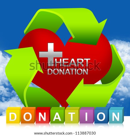 Colorful Donation Cube Box And Green Recycle Sign Around Red Heart With Silver Metallic Cross Sign Inside For Heart Donation Concept In Blue Sky Background