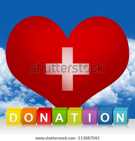 Colorful Donation Cube Box And Red Heart With Silver Metallic Cross Sign Inside For Heart Donation Concept In Blue Sky Background
