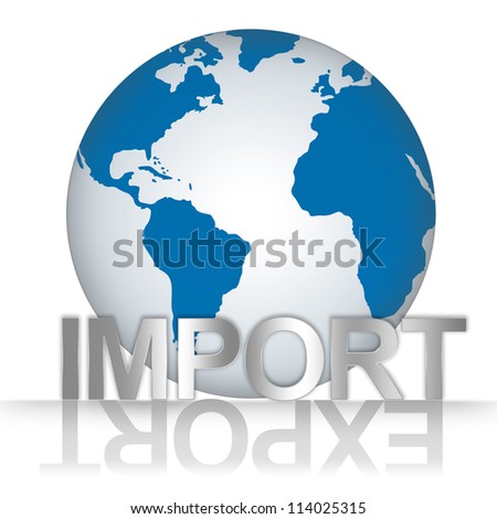 Business Solution Concept, The Blue Globe With Silver Metallic Import Text With Export Text As Shadow Isolated on White Background