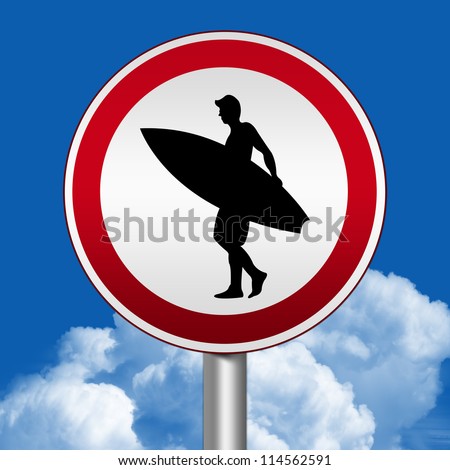 Circle Silver Metallic and Red Metallic Border Road Sign For Surfing Zone Against The Blue Sky Background