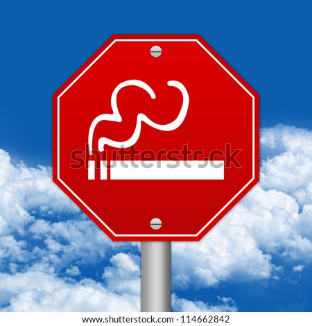 Hexagon Red Traffic Sign For Smoking Zone Against The Blue Sky Background