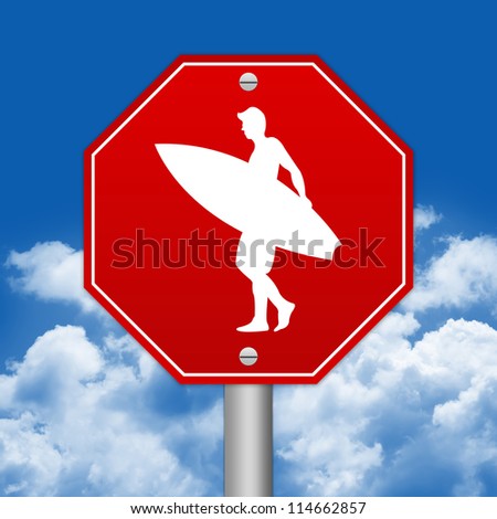 Hexagon Red Traffic Sign For Surfing Zone Against The Blue Sky Background