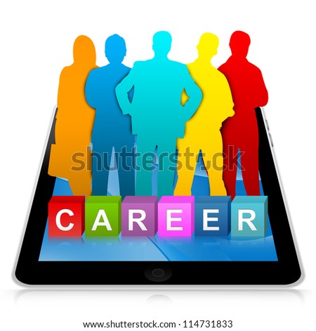 Job Opportunities Concept Present By Tablet PC With Colorful Career Cube Box And Colorful Candidate Isolated on White Background