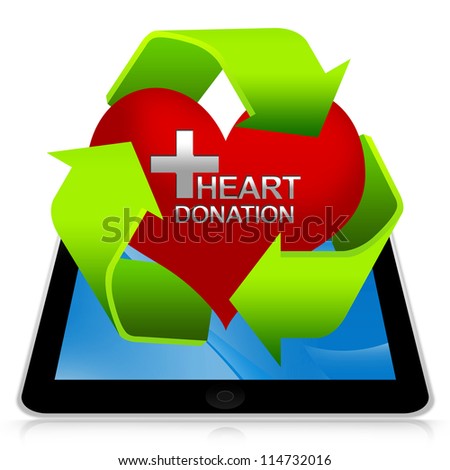 Heart Donation Center Concept Present By Tablet PC With Recycle Sign Around The Red Heart With Silver Cross and Heart Donation Text Inside  Isolated on White Background