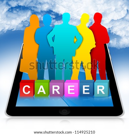 Job Opportunities Concept Present By Tablet PC With Colorful Career Cube Box And Colorful Candidate in Blue Sky Background