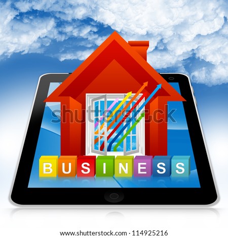Business Solution Concept Present By Tablet PC With Colorful Business Cube Box And The Colorful Business Growth Arrow Through The Open Window in Blue Sky Background
