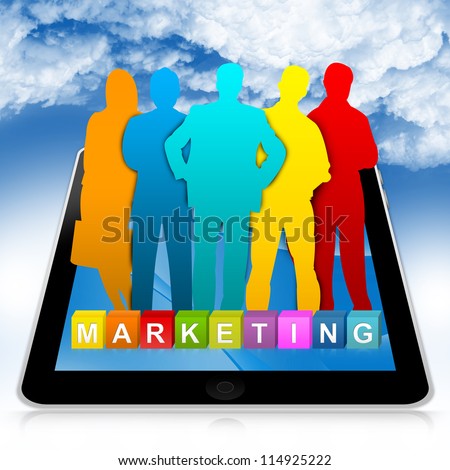 Business Concept Present By Tablet PC With Colorful Marketing Cube Box And Colorful Businessman in Blue Sky Background