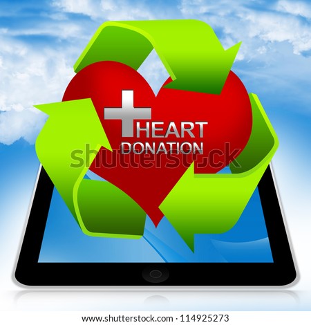 Heart Donation Center Concept Present By Tablet PC With Recycle Sign Around The Red Heart With Silver Cross and Heart Donation Text Inside in Blue Sky Background