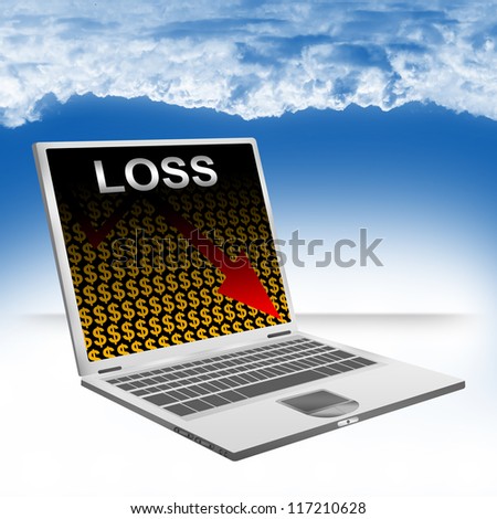 Business Concept Present by Computer Laptop With Silver Loss Text on The Arrow and Orange Dollar Sign Wallpaper Against The Blue Sky Background
