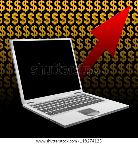 Business Concept Present by Blank Computer Laptop With The Rising Arrow and Orange Dollar Sign Wallpaper