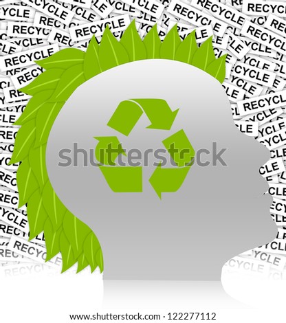 Save The Earth Concept Present By Recycle Sign in Head With Leaf Hair in Recycle Label Background