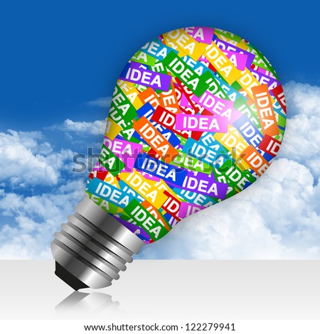 Business Idea Concept Present By Colorful Idea Label in Light Bulb in Blue Sky Background