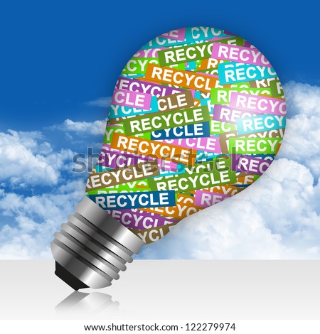Save The Earth Concept Present By Colorful Recycle Label in Light Bulb in Blue Sky Background