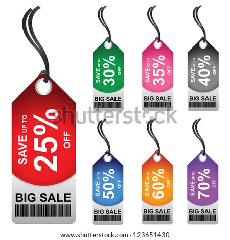 Colorful 25 - 70 Percent OFF Big Sale Price Tag Isolated on White Background
