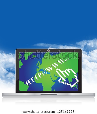 Online and Social Media Concept Present By Computer Laptop With Hyperlink Text and World Map Wallpaper in Blue Sky Background, You Can Type Your Own Text Message in Blue Area