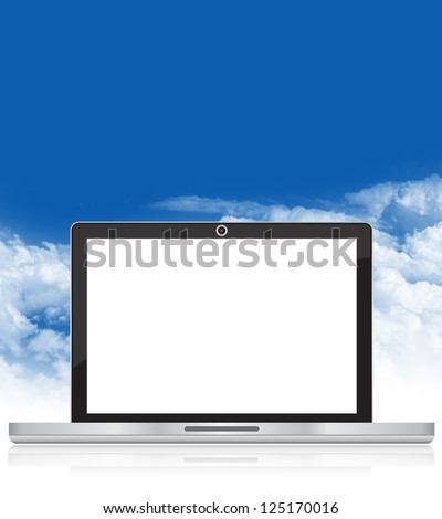 Online and Social Media Concept Present By Realistic Laptop PC With Blank Screen For Your Own Text Message in Blue Sky Background