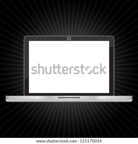 Online and Social Media Concept Present By Realistic Laptop PC With Blank Screen For Your Own Text Message in Dark Shiny Background